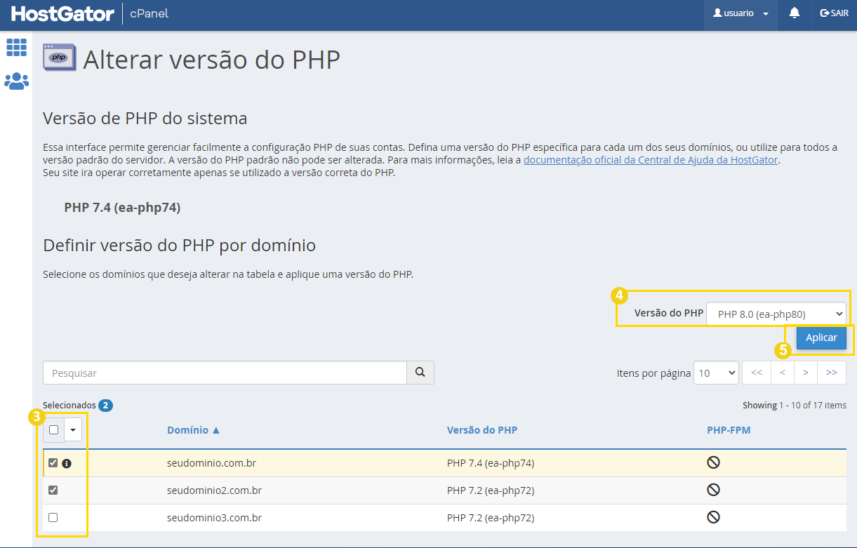 atualizar a versão do PHP
