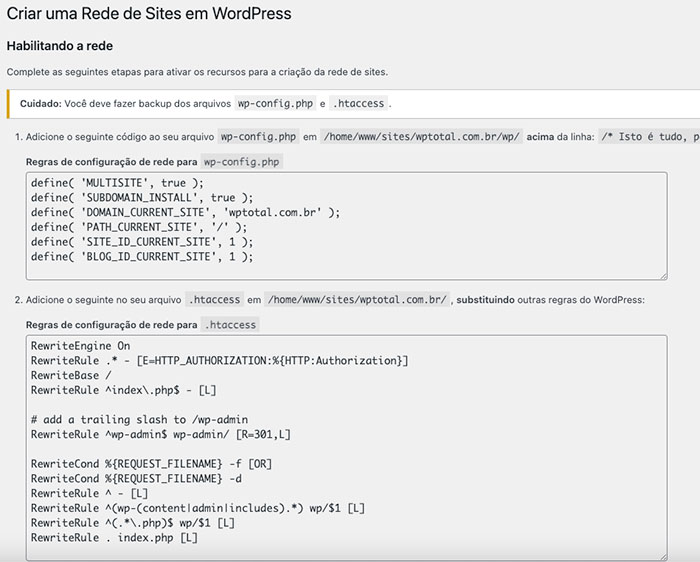 configurações wordpress multisites