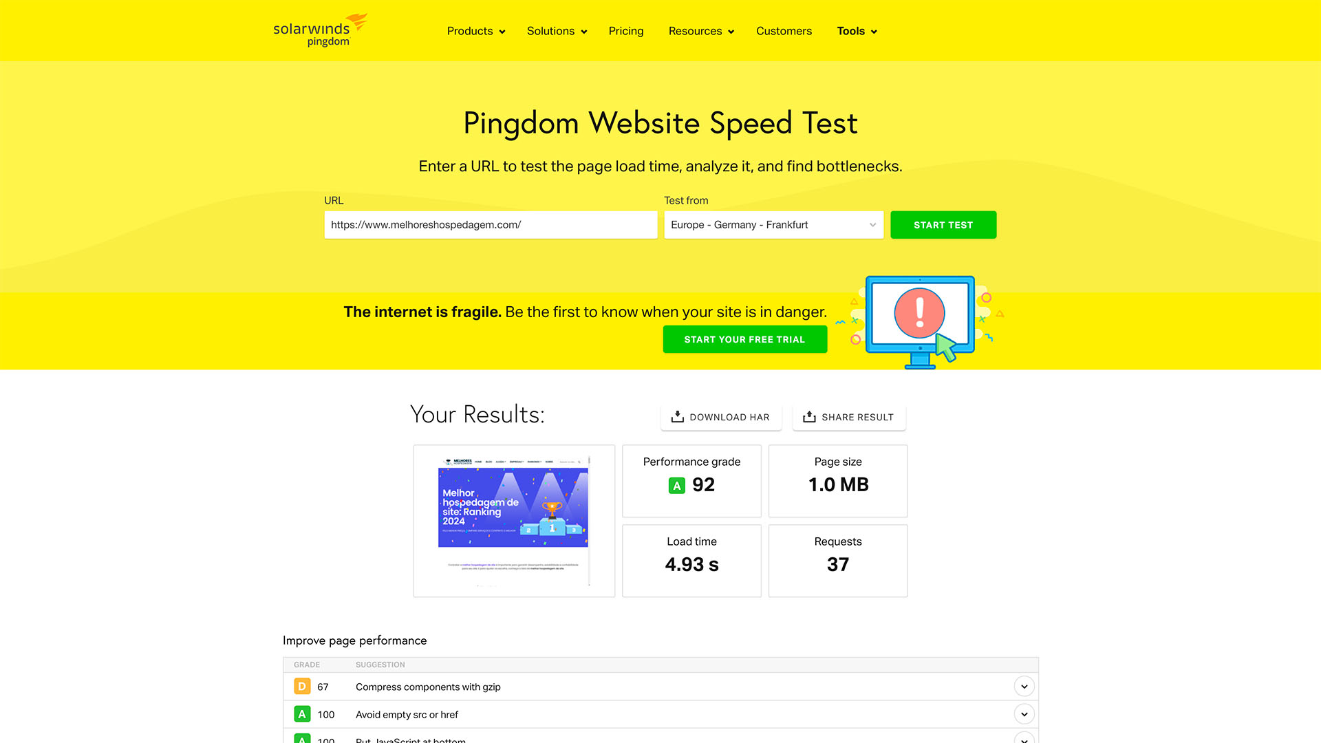 Velocidade do site pingdom