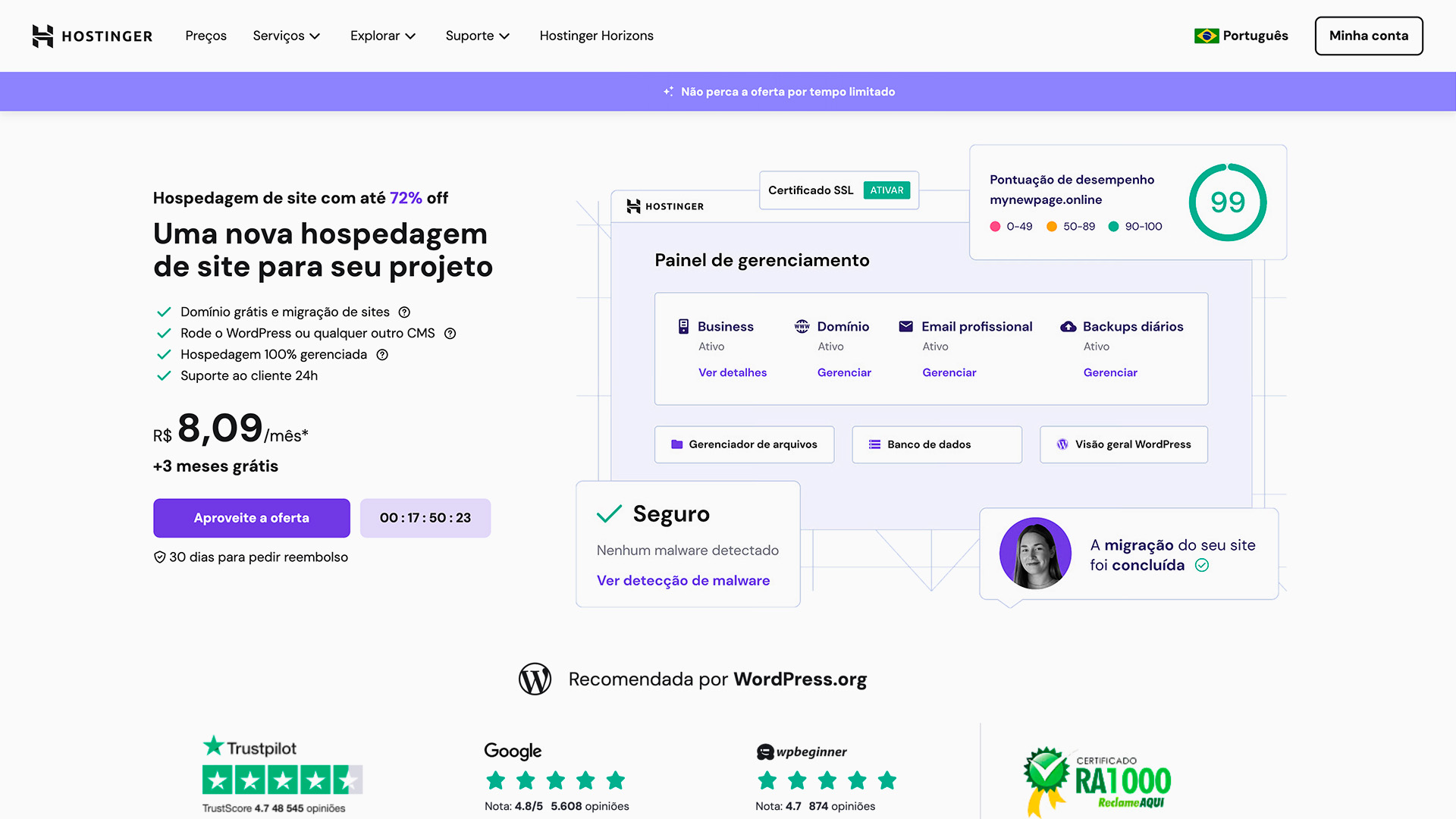 Melhor hospedagem de site Hostinger